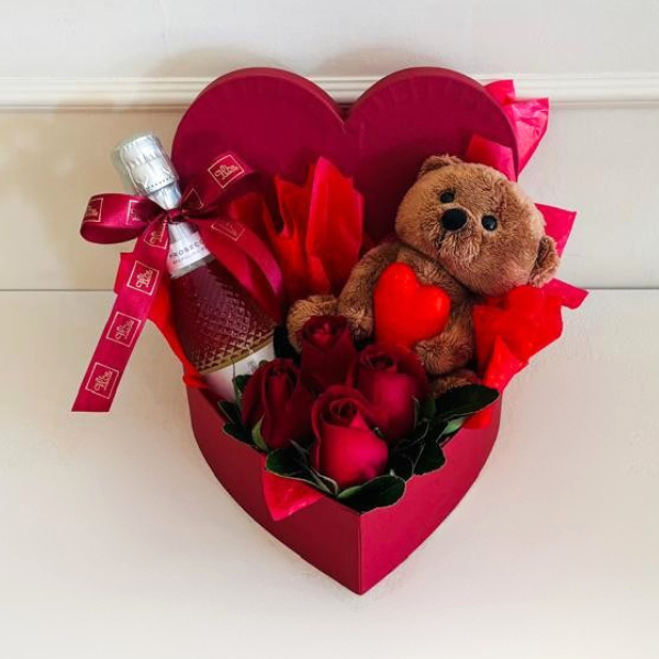 Chil Box Coração P Mini Espumante, Rosa Vermelha e Mini Urso