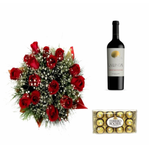 Buquê 15 Rosas Vermelhas na Água, Chocolate e Vinho